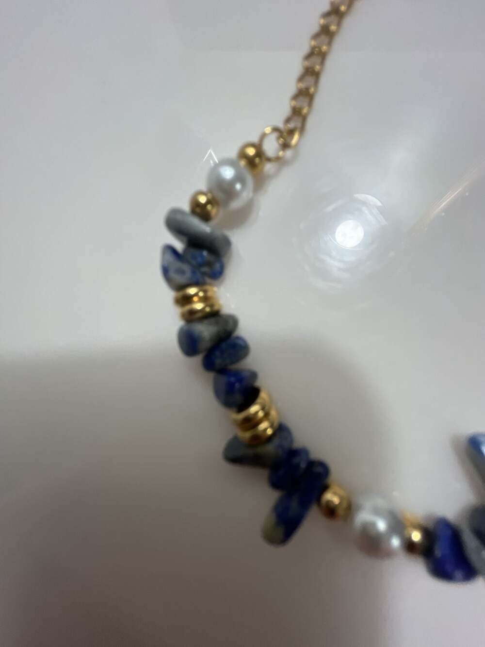 Handmade Lapis Lazuli Chip Bead Bracelet with Gold Tone Accents